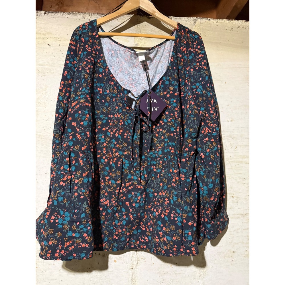 Ava & Viv Womens 3X Black Floral Long Sleeve Peplum V-Neck Tie Blouse NWT Flowy